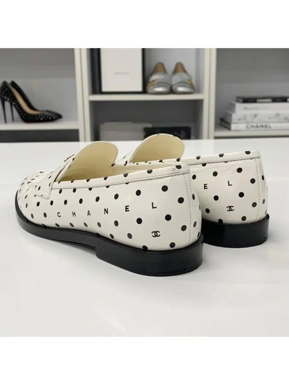 Chanel CC Logo Leather Dot Loafers White Black